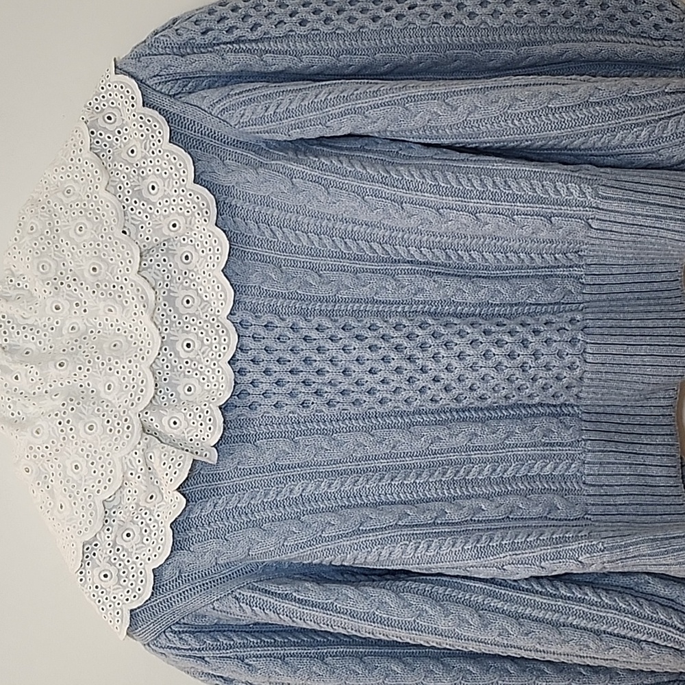 Sea NY Melanie cable-knit cropped cardigan light blue wool Broderie Collar XS - Picture 15 of 16